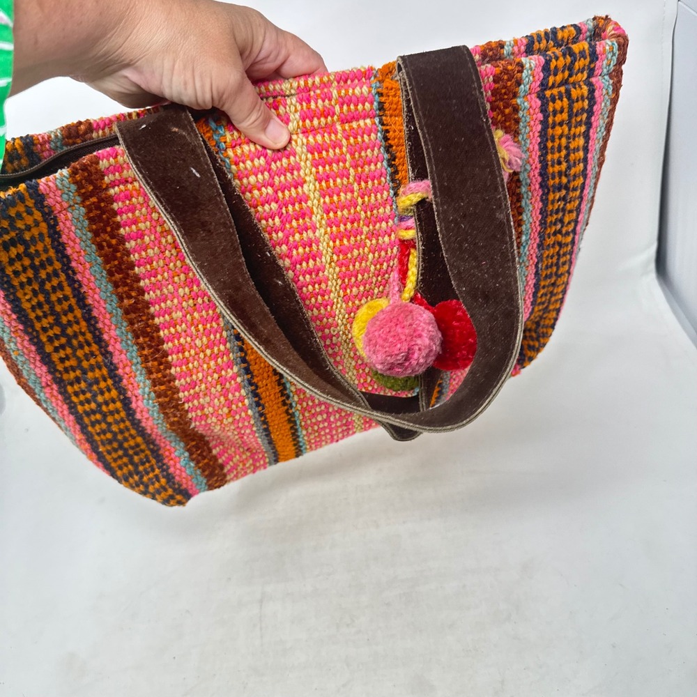 Peruvian Connection Handwoven Tote Bag Pink Striped Wool Pom Pom Boho Artisan - Picture 7 of 12